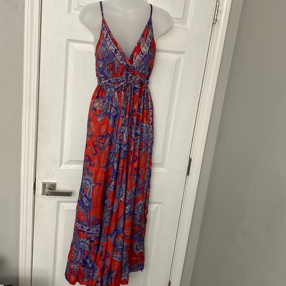 Boho Fashion Silk Maxi Dress Red Purple Paisley Authentic Indian made size M